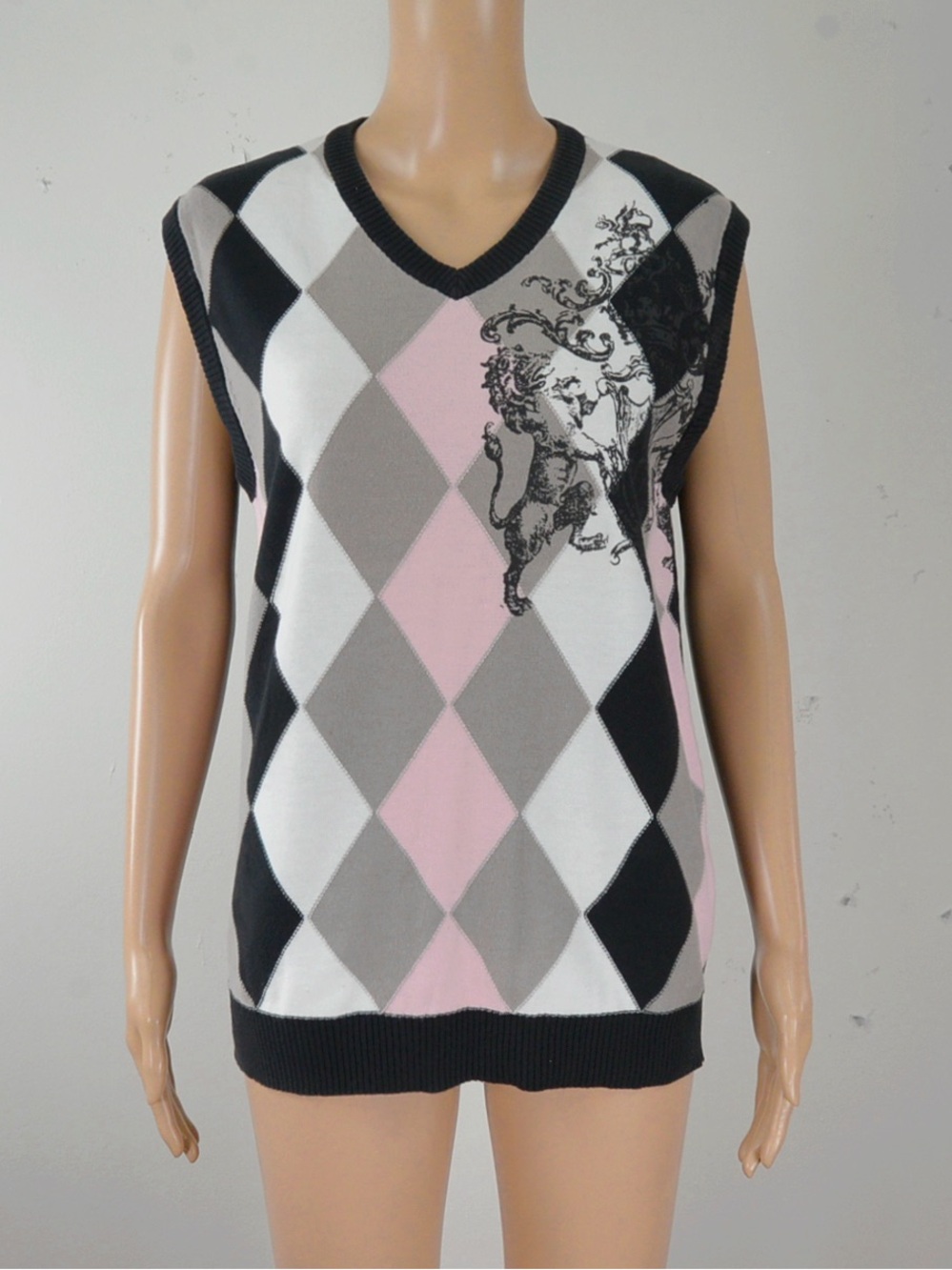 Vintage Y2K Redsquad Pink Black Grunge Prep Argyle Lion Crest V-Neck Sweater Ves